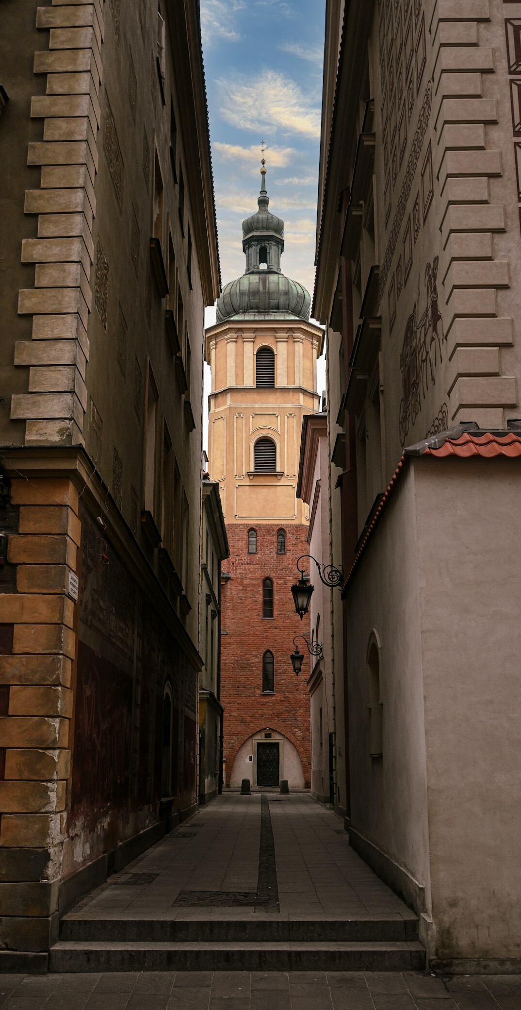 Narrow old town street in a small Polish town